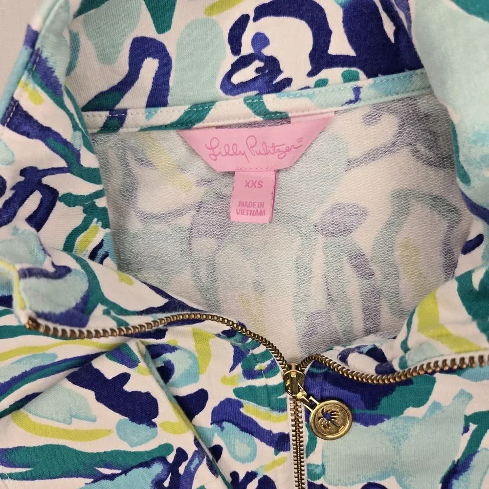 Lilly Pulitzer‎ Jacket Blue Green Palm Leaves Full Zip Popover Jacket Size XXS